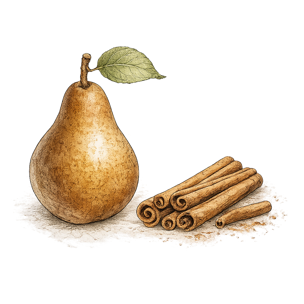 Illustration of a pear with a leaf on top, and a group of cinnamon sticks beside it.