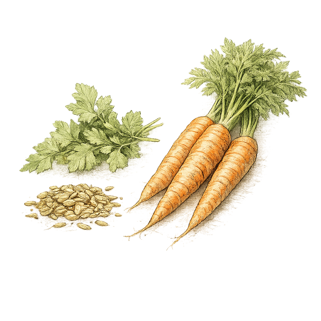 Three carrots with green tops, carrot leaves, and a small pile of sunflower seeds on a light surface.