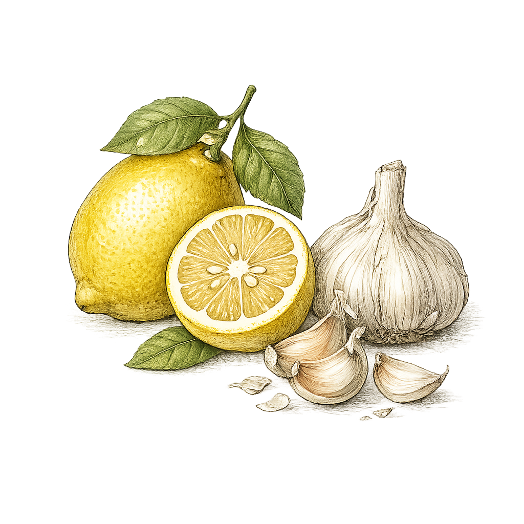 Lemon, lemon half, garlic bulb, and garlic cloves on a light background.