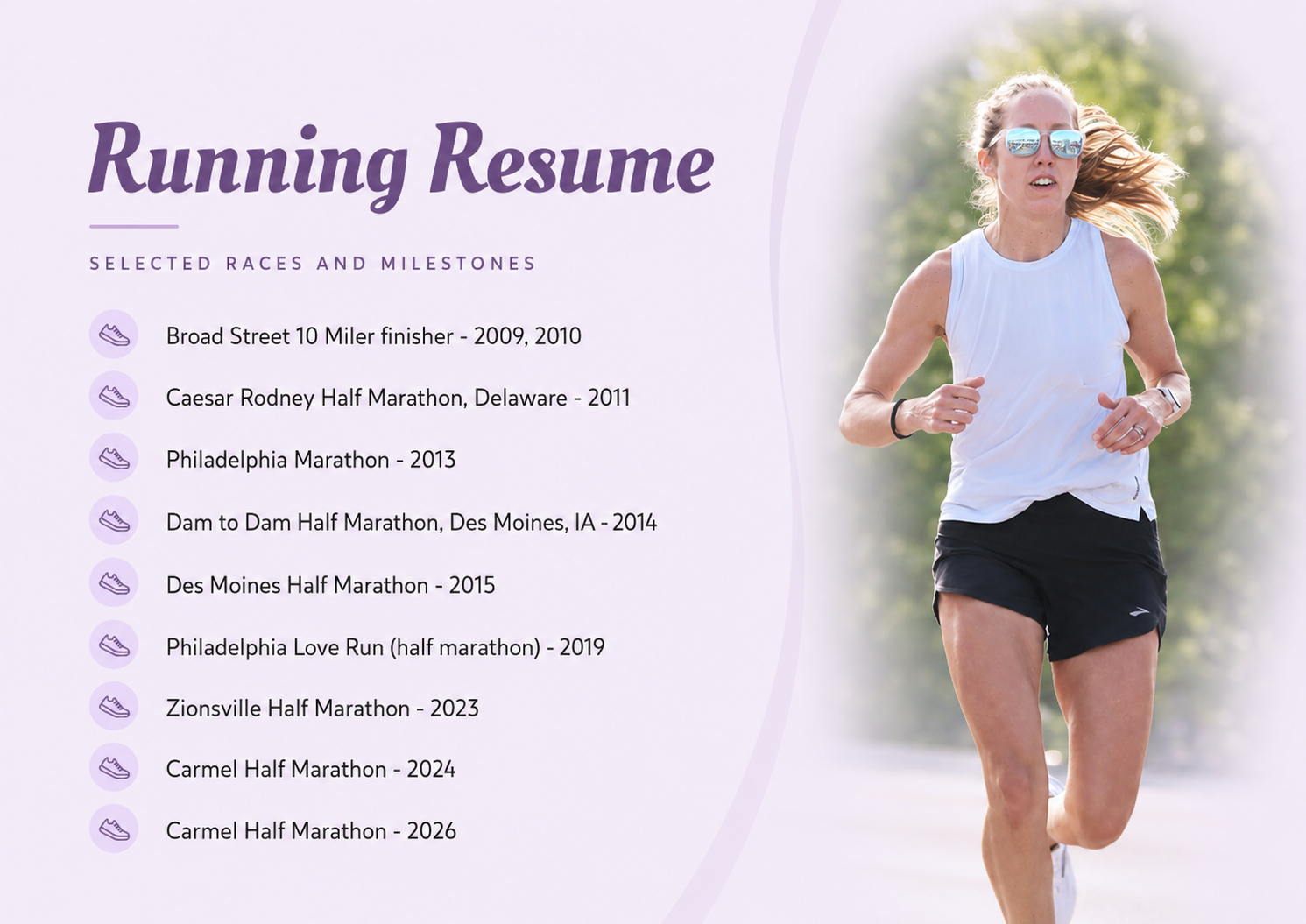 A woman running outdoors wearing sunglasses, a white sleeveless top, and black shorts, with a greenery background.  Julie Rudolph, PT