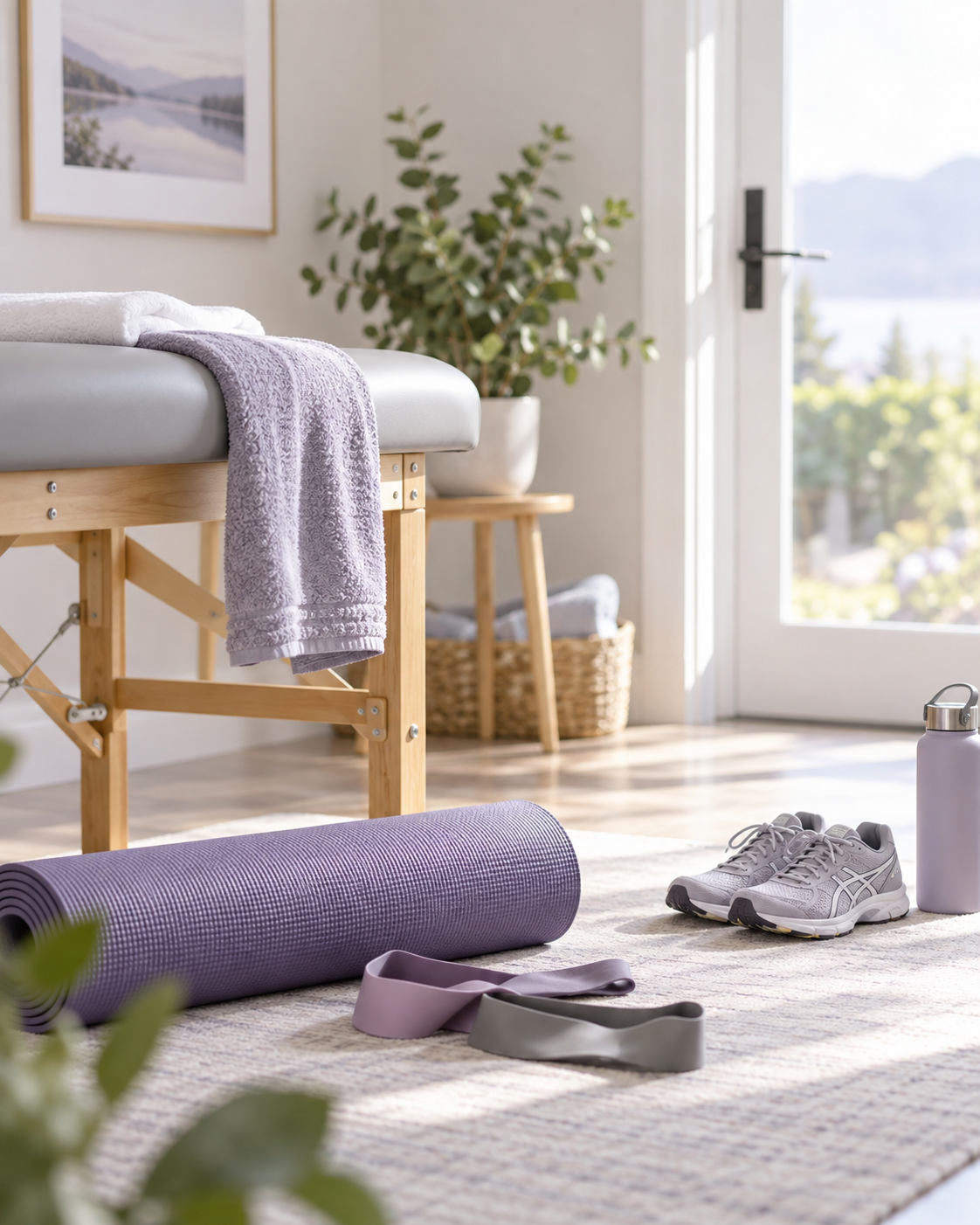 Yoga mat, running shoes, water bottle, and resistance bands in a bright room with a massage table and potted plants near a window.