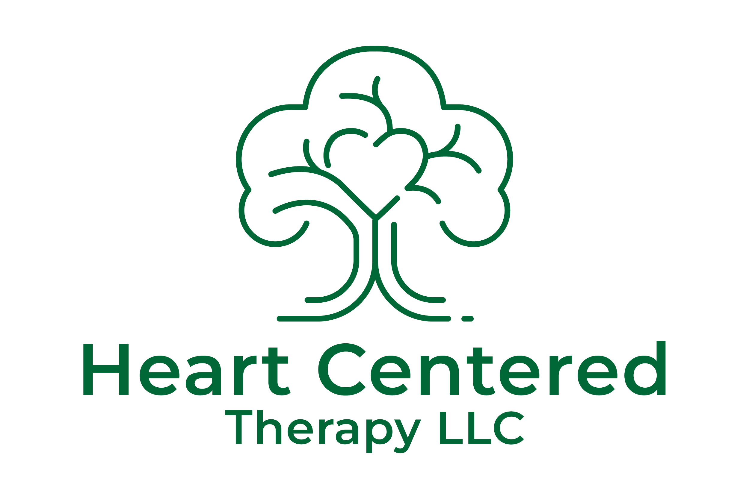 Logo for Heart Centered Therapy, LLC, offering telehealth therapy for high-functioning adults in Maryland and DMV. Logo shows a heart inside a tree with practice name underneath.
