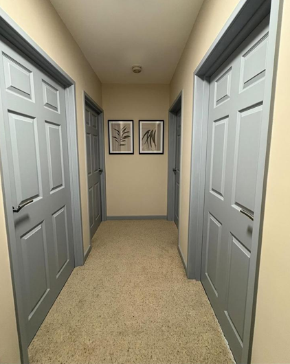 Hallway with four closed gray doors, beige walls, two framed botanical prints on the wall, and beige carpet flooring.