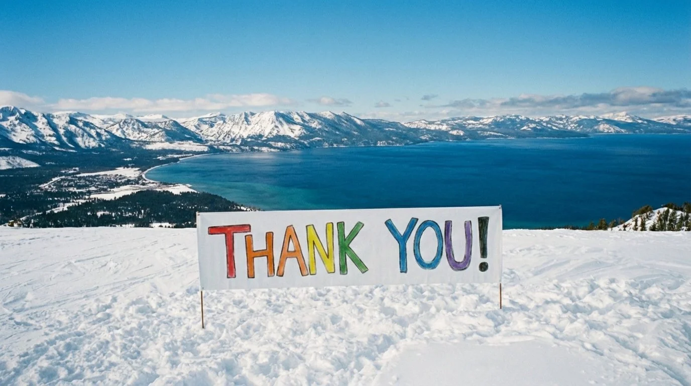 Colorful handmade sign with the words 'THANK YOU!' in rainbow letters  with Lake Tahoe and surrounding snow-covered mountains.