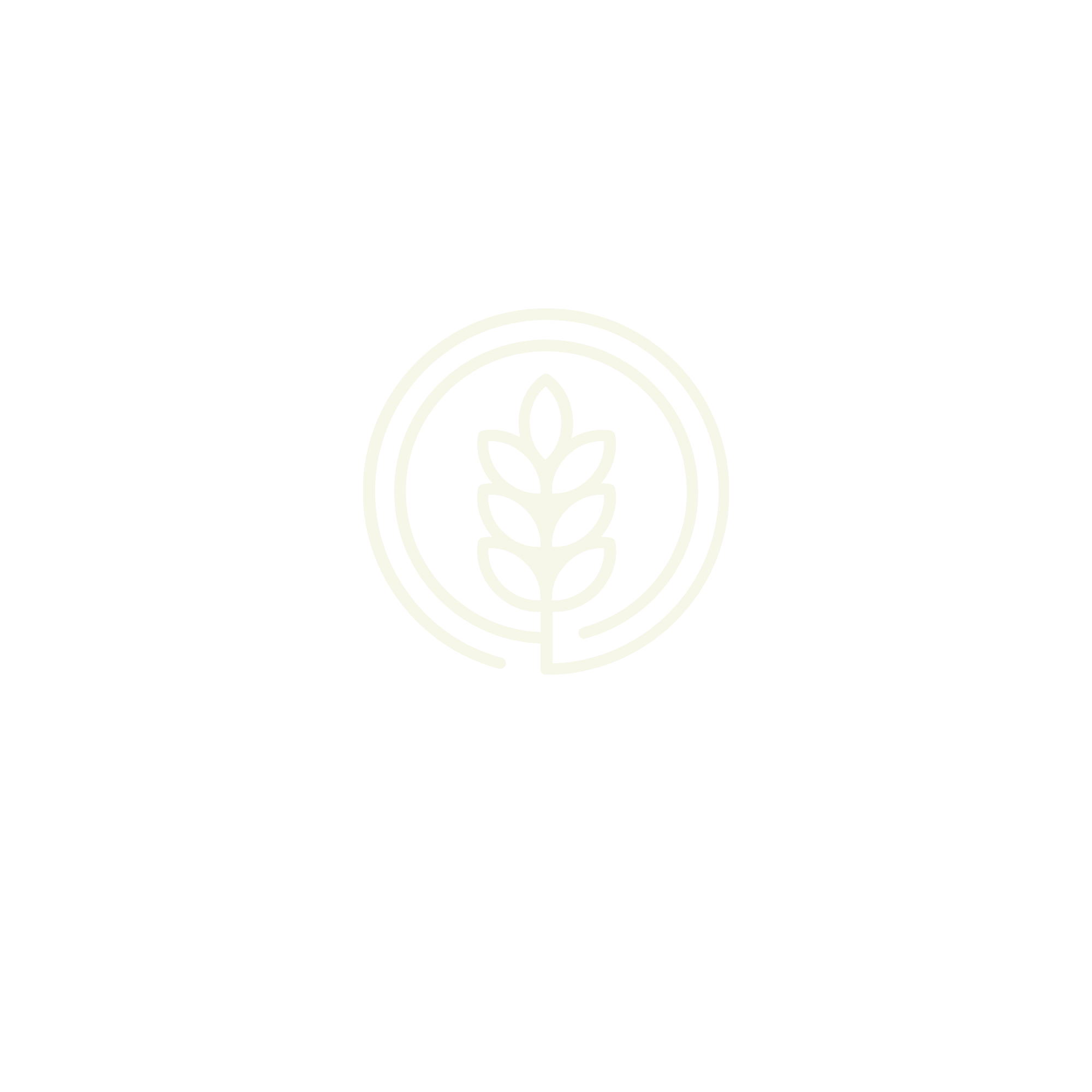 Black background with a white minimalist wheat symbol inside two concentric circles.