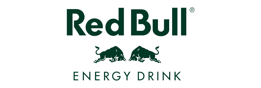 Red Bull logo with two bulls charging towards each other and the text 'Red Bull Energy Drink' in green.