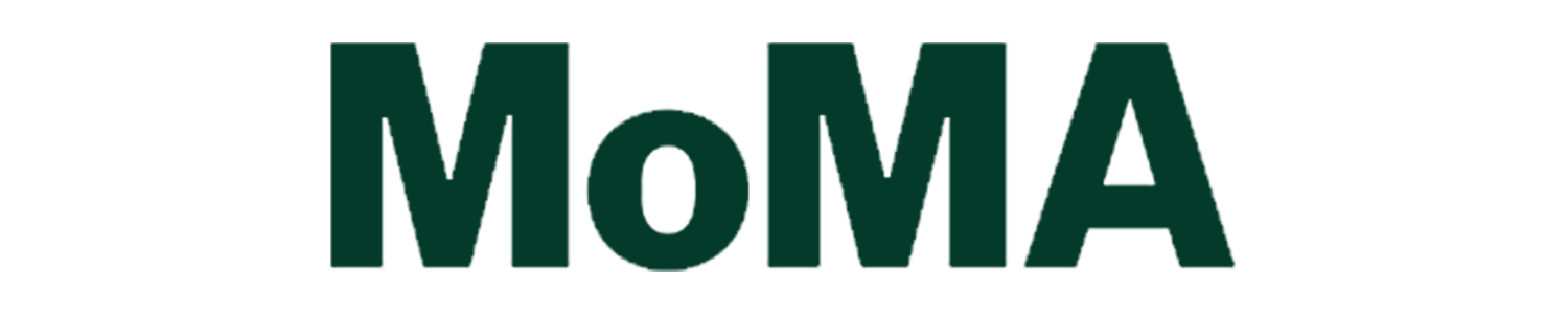 Logo for the Museum of Modern Art (MoMA), featuring a silhouette of an artist in front of a canvas with a large, dark green lettering 'MoMA'.