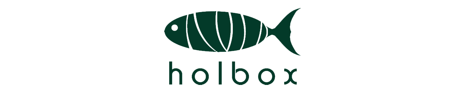 Logo for 'holbox' featuring a stylized green fish
