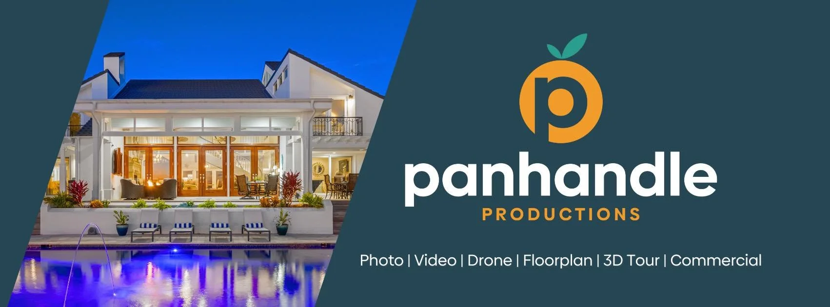 A modern house with a swimming pool in the backyard, illuminated at dusk, with outdoor furniture and planters, alongside a graphic for Panhandle Productions which offers photo, video, drone, floor plan, 3D tour, and commercial services.