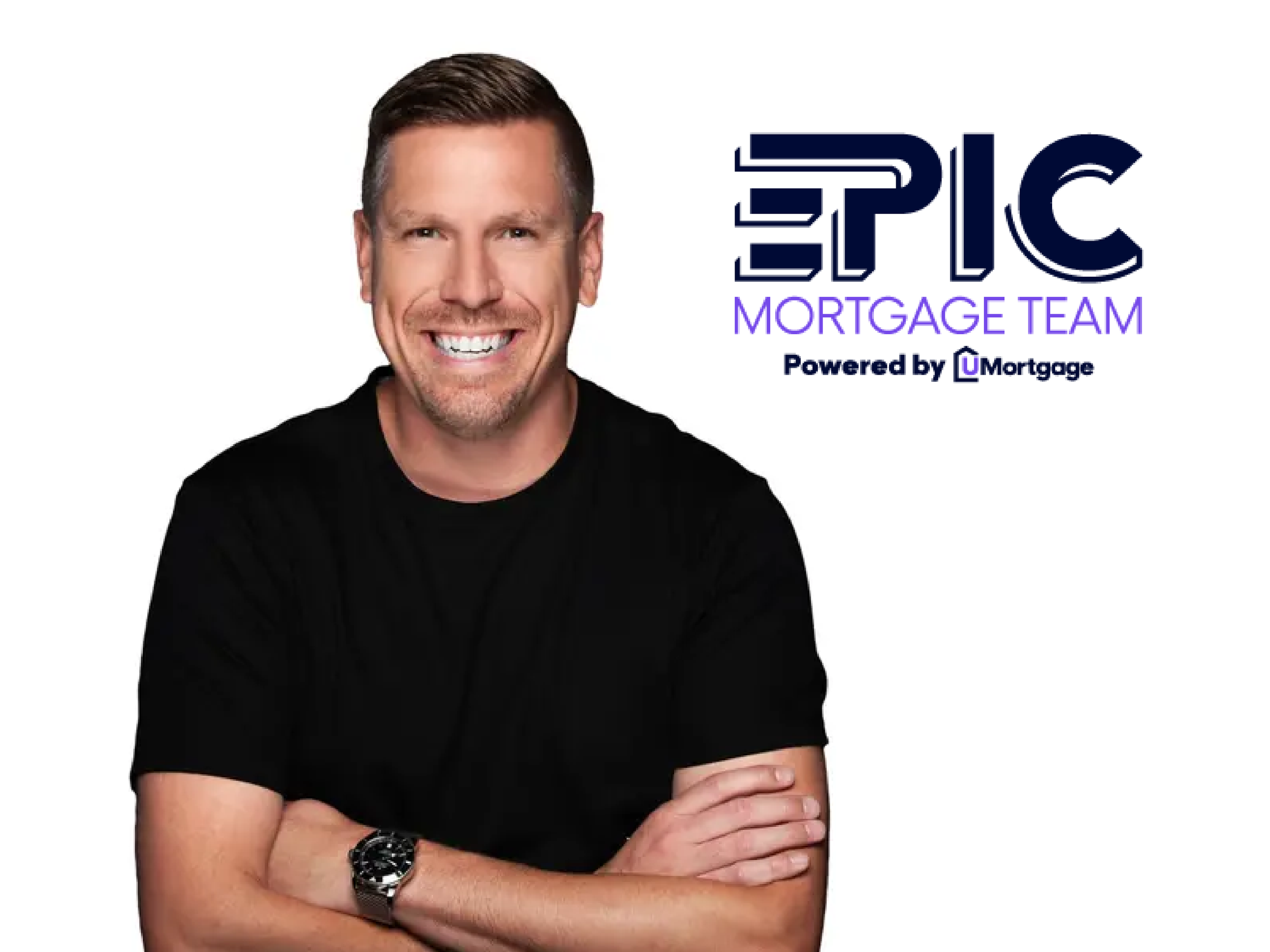 Andrew Cady - Mortgage Advisor, featured with short brown hair, wearing a black t-shirt, crossing his arms, against a plain white background.