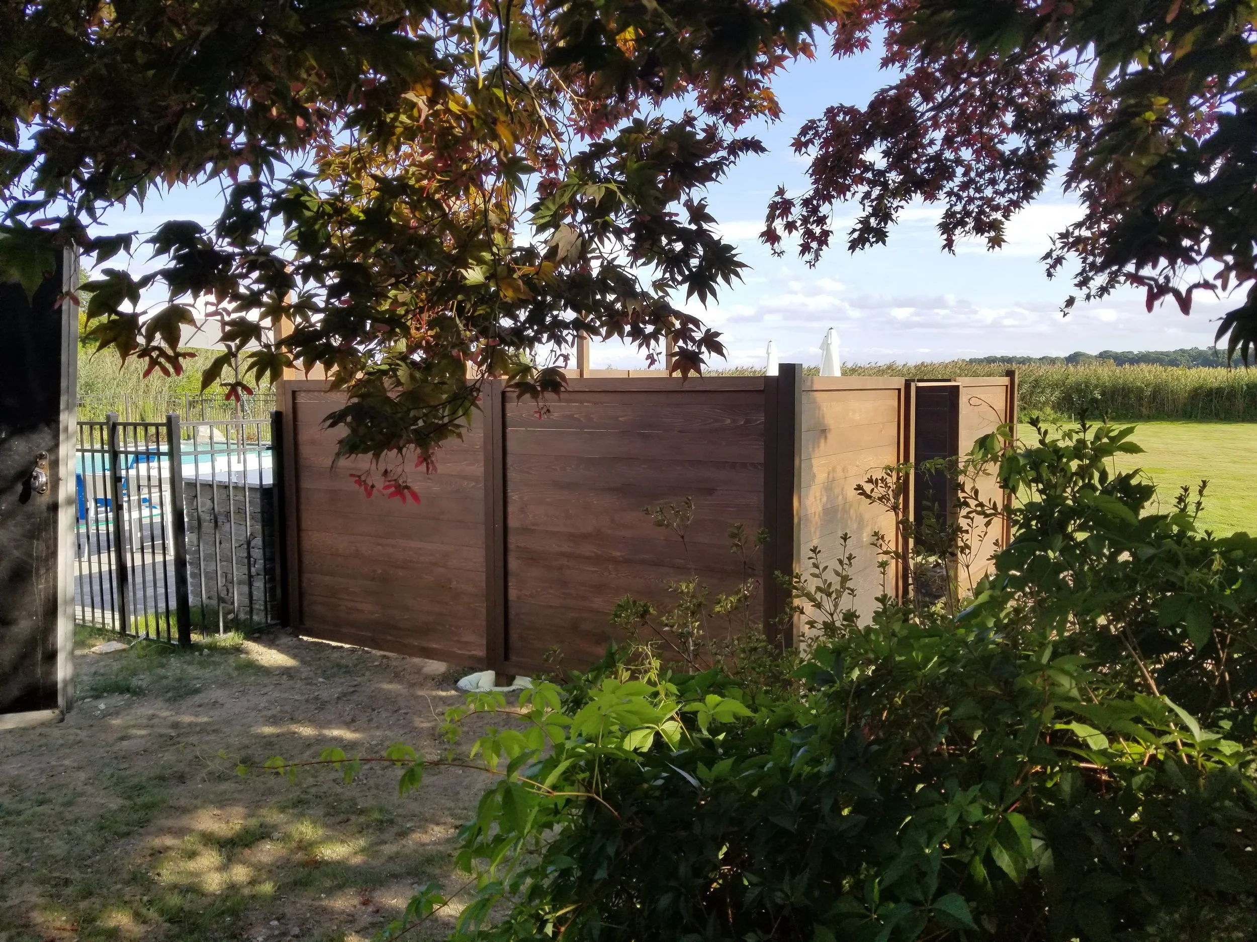 A backyard scene with a wooden privacy fence, trees, shrubs, and a grassy area, with a view of open land and sky in the background.