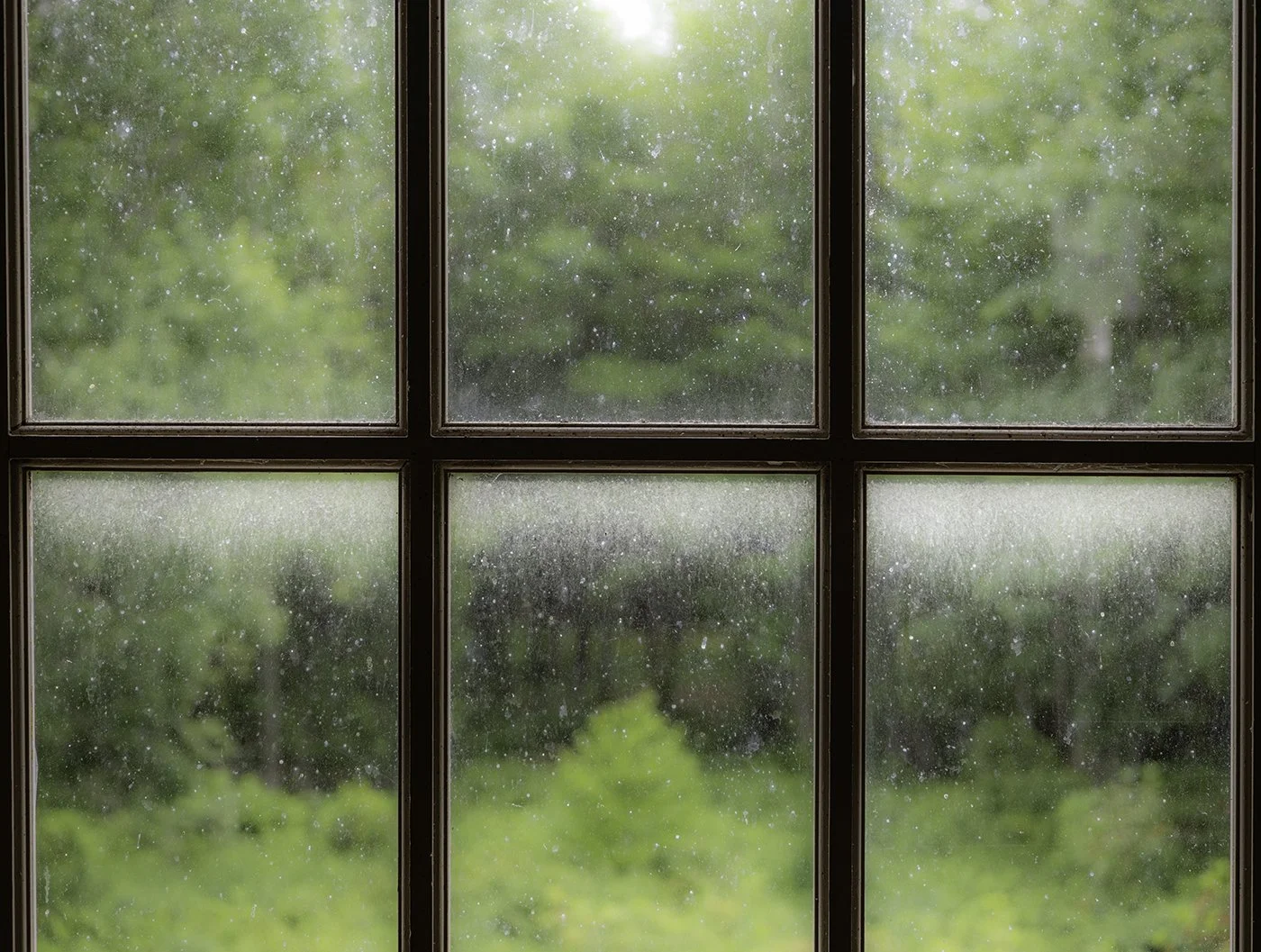 A view through a window with six panes, showing an outdoor scene of green trees and grass on a rainy day with raindrops on the glass.