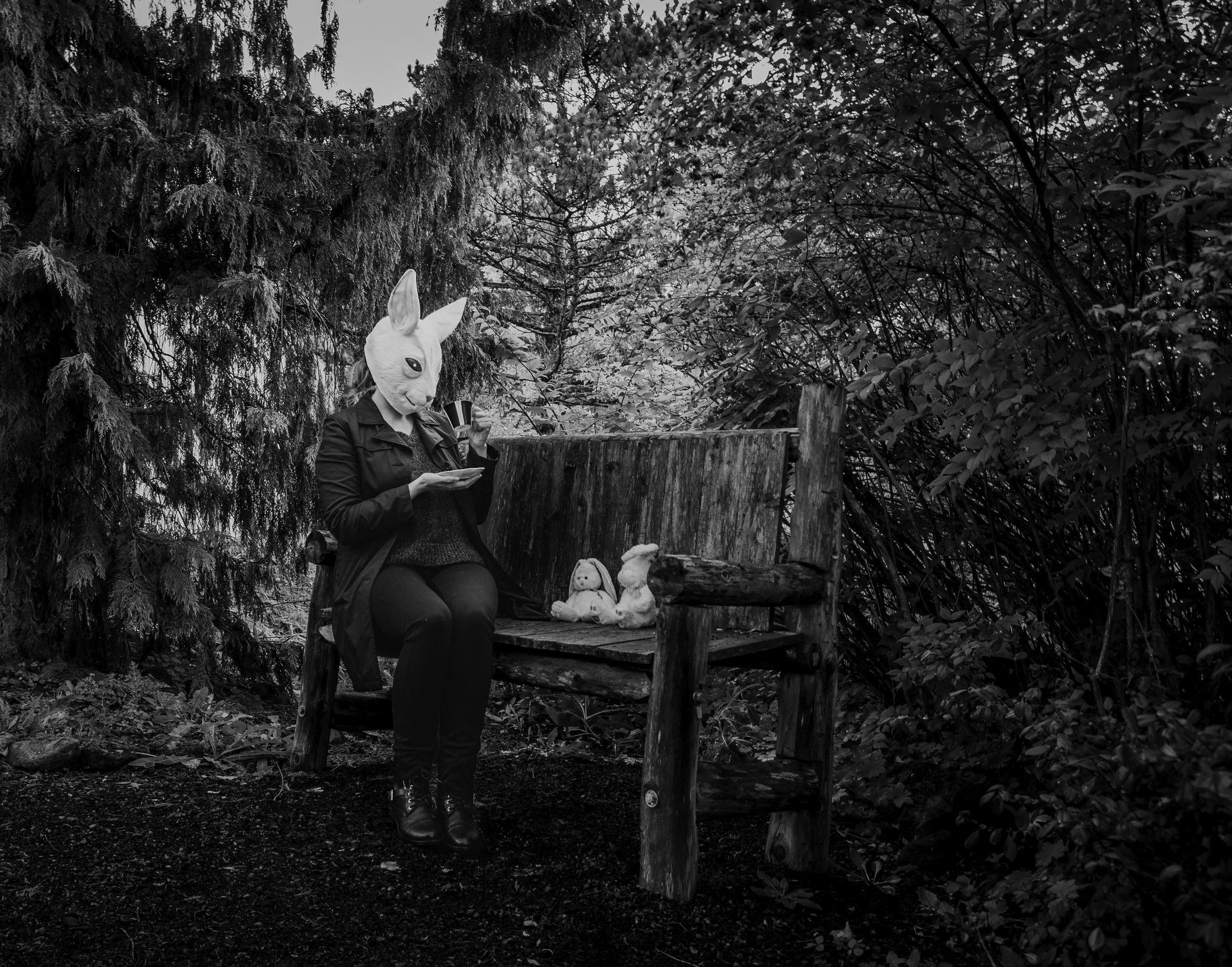 A person wearing a rabbit mask, sitting on a wooden bench in a forested area, holding a cup in one hand and a plate in the other. Two stuffed rabbits are placed on the bench beside them.