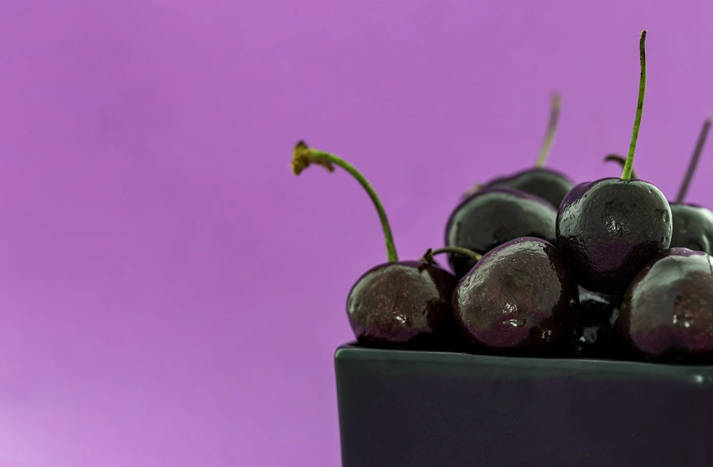 A close-up of a dark-colored bowl filled with shiny, fresh cherries against a pink background.