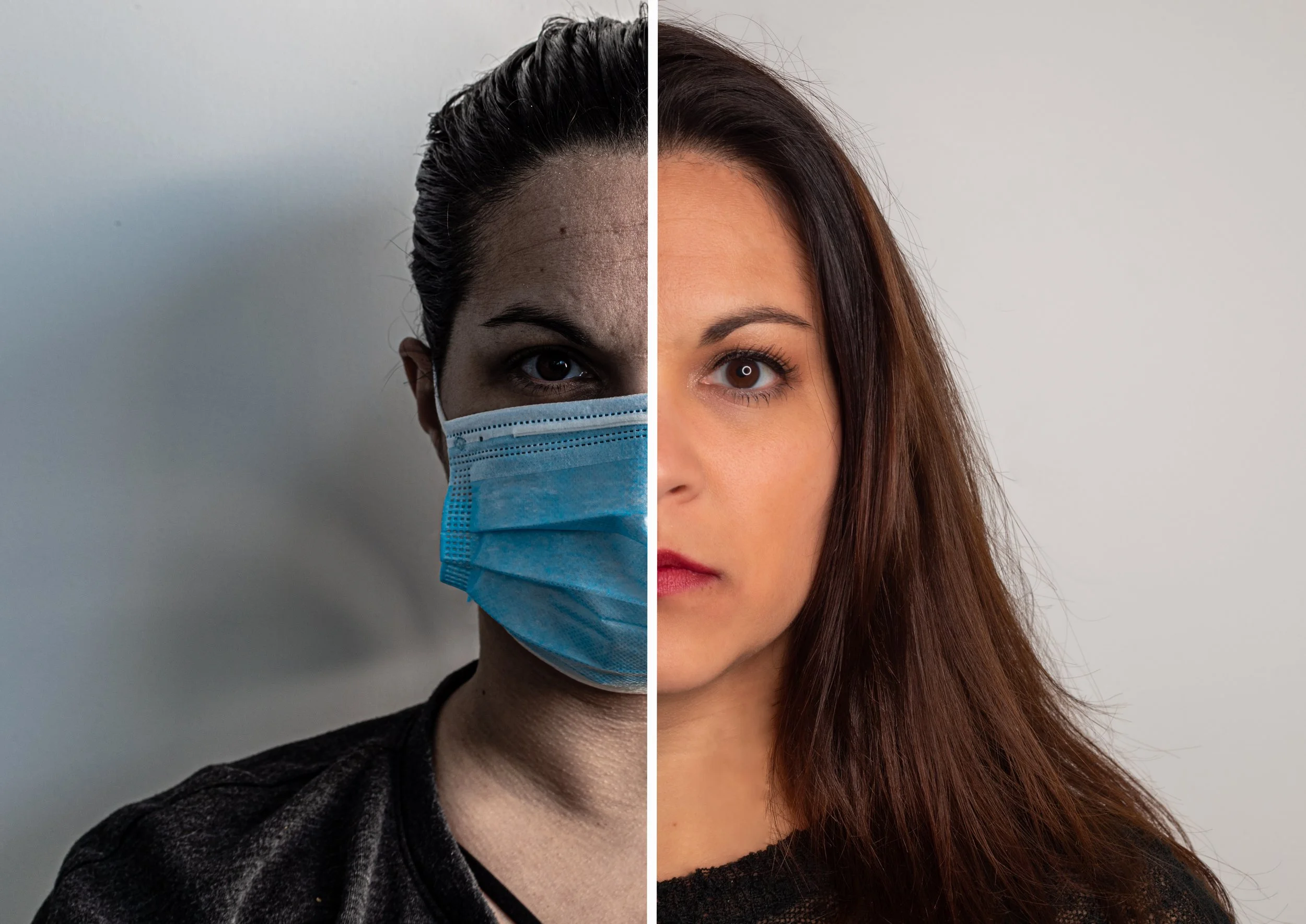 A split image showing a woman on the left wearing a blue surgical mask with some skin condition on her face and dark hair pulled back, and a woman on the right with clear skin, long brown hair, and makeup, against a plain background.