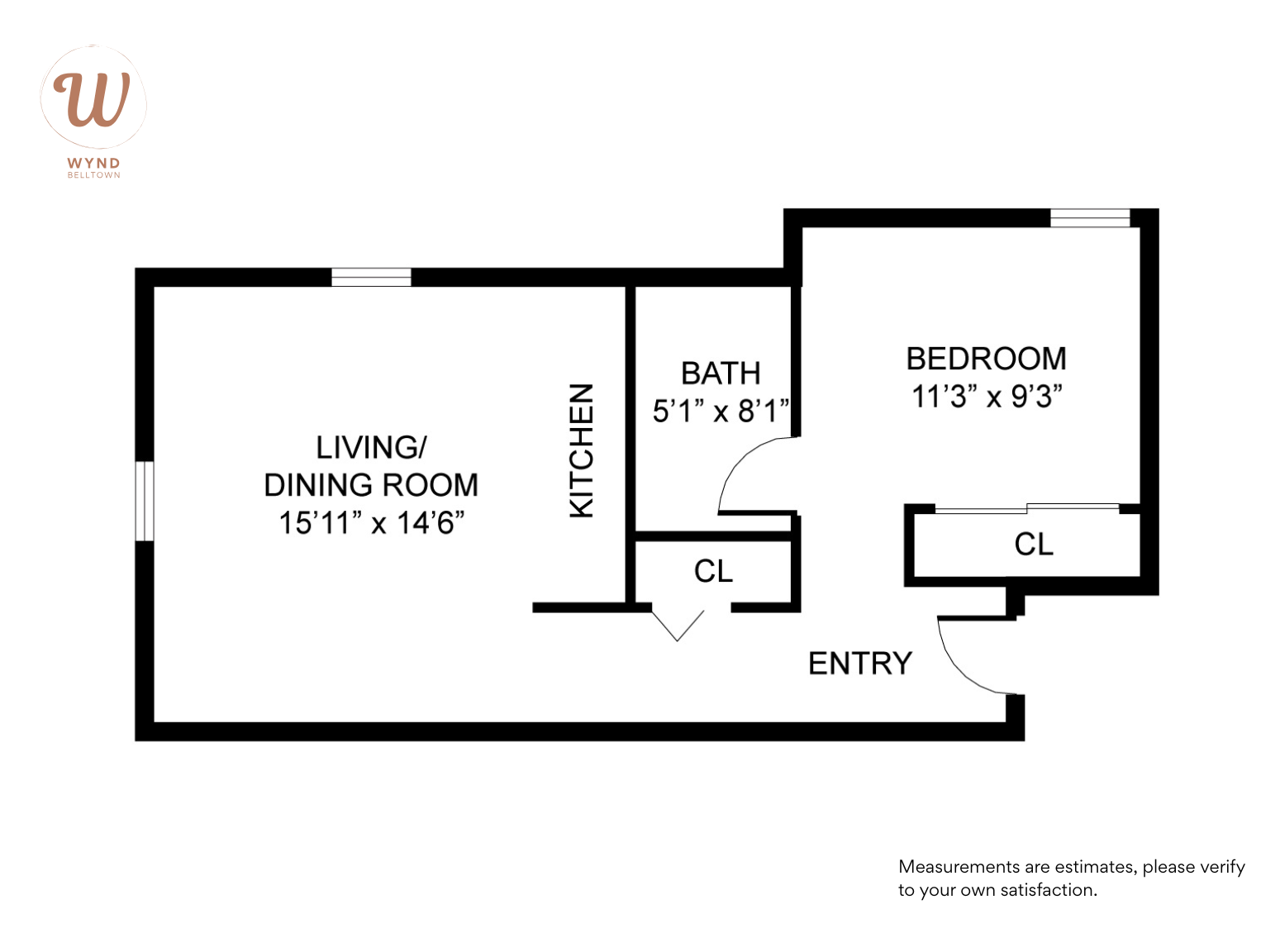 Floor plan of an apartment with a living/dining room, kitchen, bathroom, bedroom, entryway, and closets, with measurements of each room.