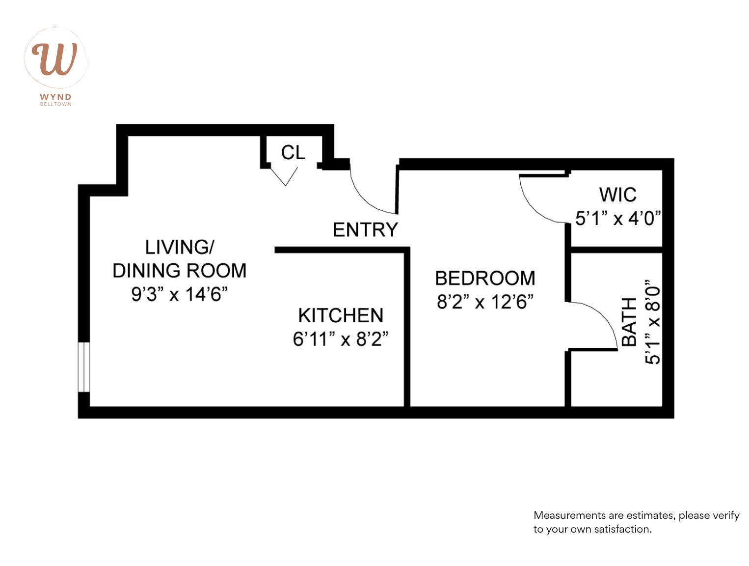 Floor plan of an apartment showing a living/dining room, kitchen, bedroom, walk-in closet, bathroom, closet, and entryway.