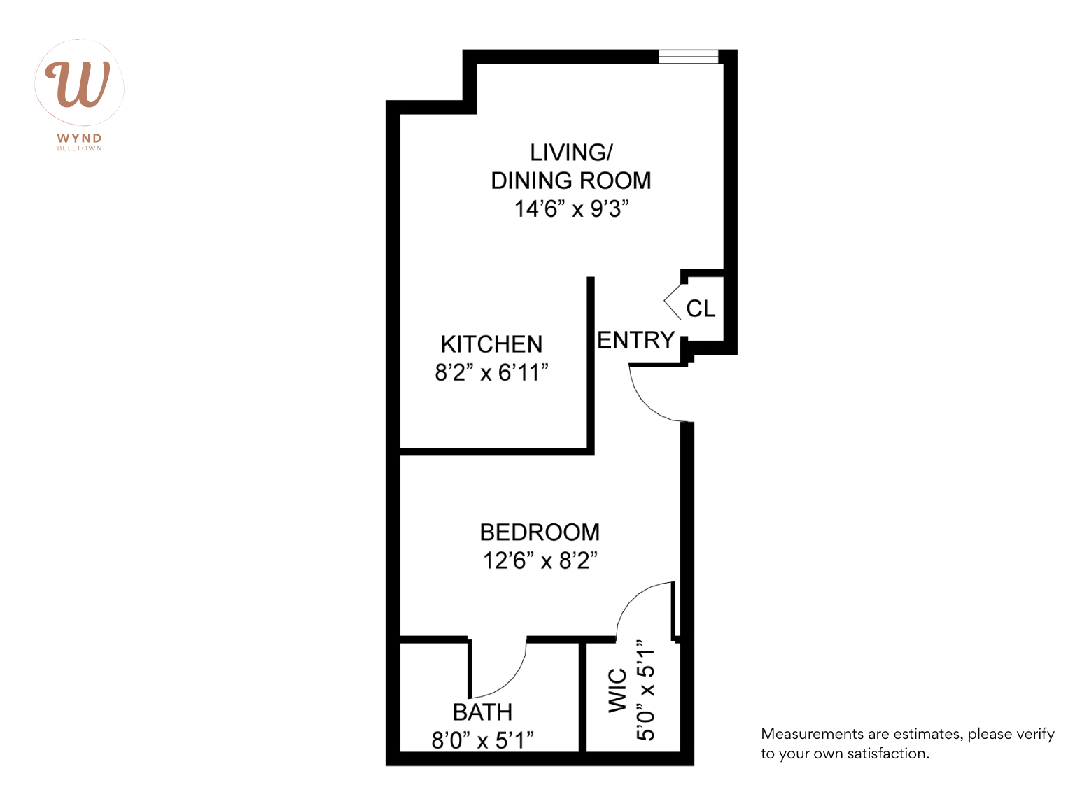 Floor plan of a one-bedroom apartment with labeled rooms including living/dining room, kitchen, bedroom, bathroom, entry, closet, and walk-in closet.