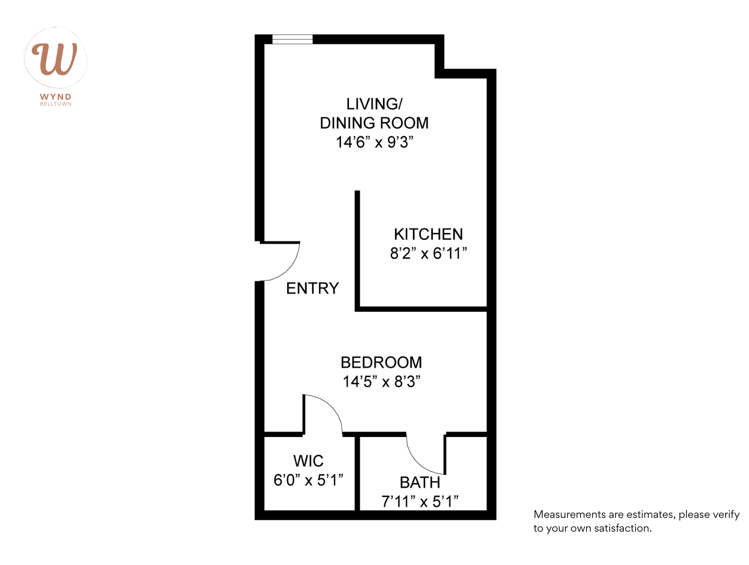 Floor plan of a one-bedroom apartment showing an entryway leading to a living/dining room, kitchen, bedroom, walk-in closet, and bathroom.