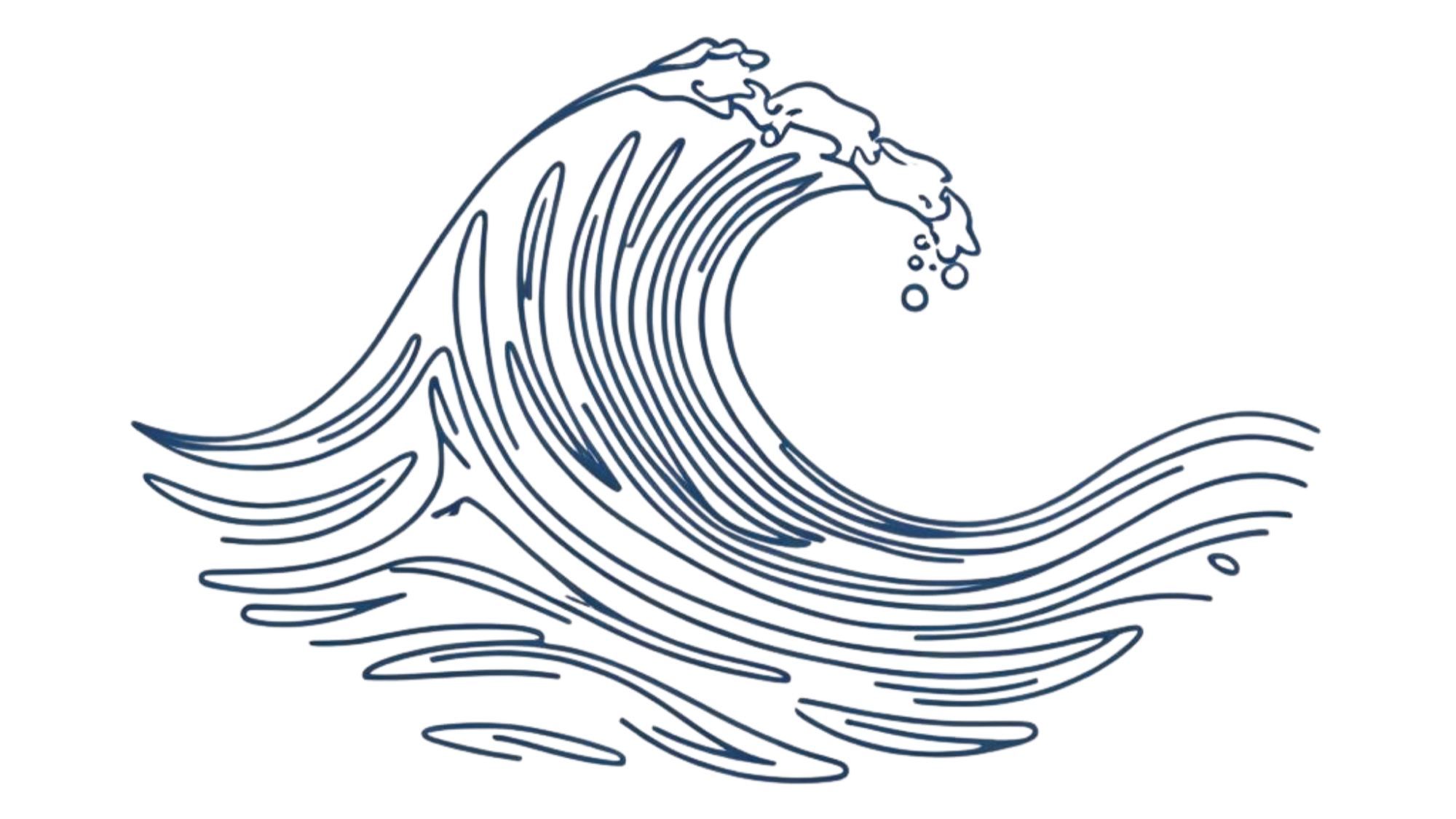 Stylized outline of a large ocean wave with foam and spray, depicted in a minimalist, abstract style with bold lines.