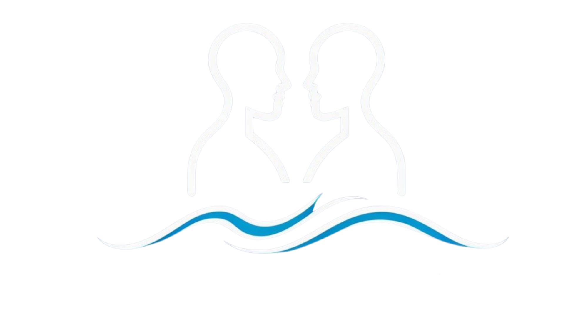 Graphic of two women in blue and white dresses facing each other with a stylized wave design beneath them.