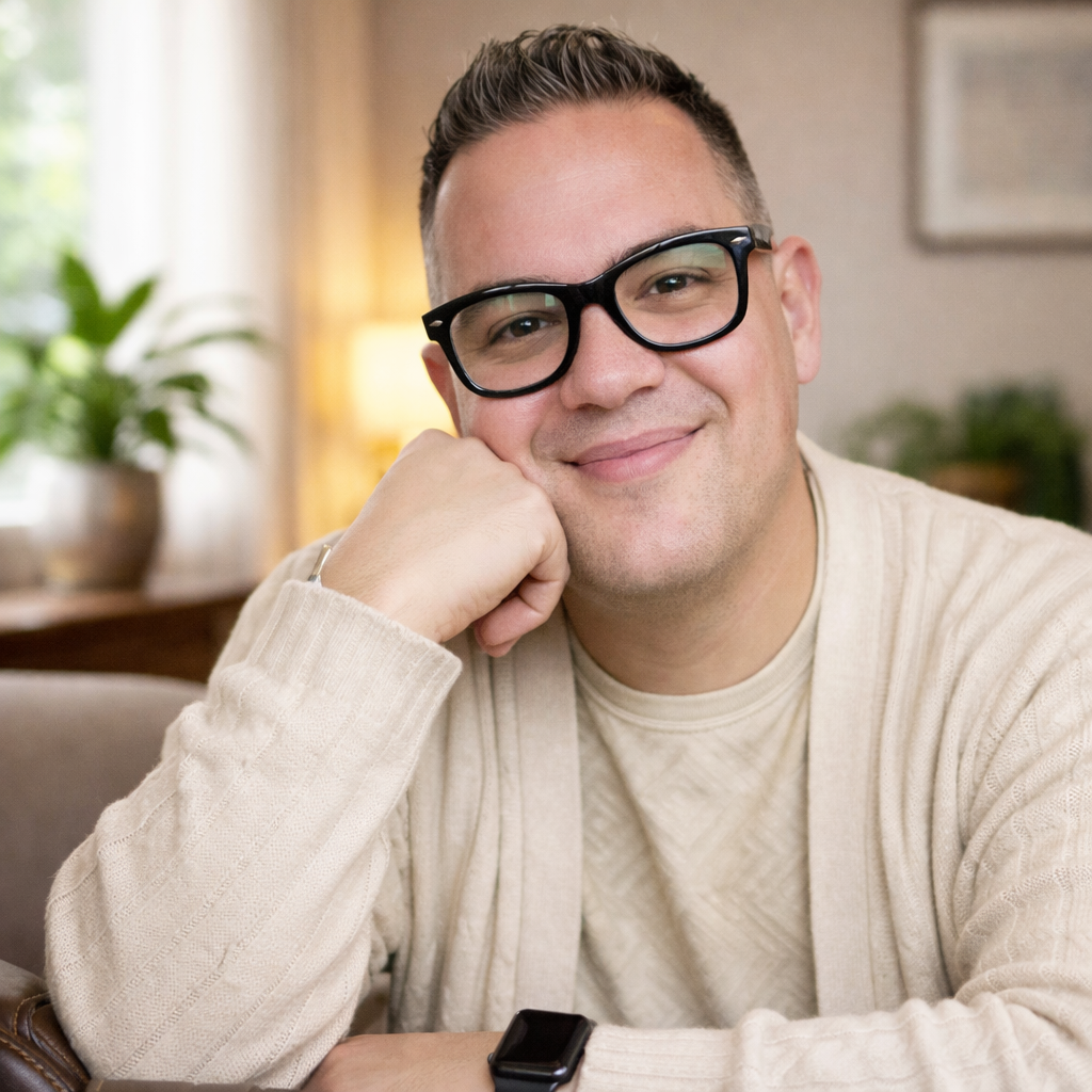 A man with short hair, glasses, and a beige sweater smiling with his head resting on his hand in a cozy indoor setting.