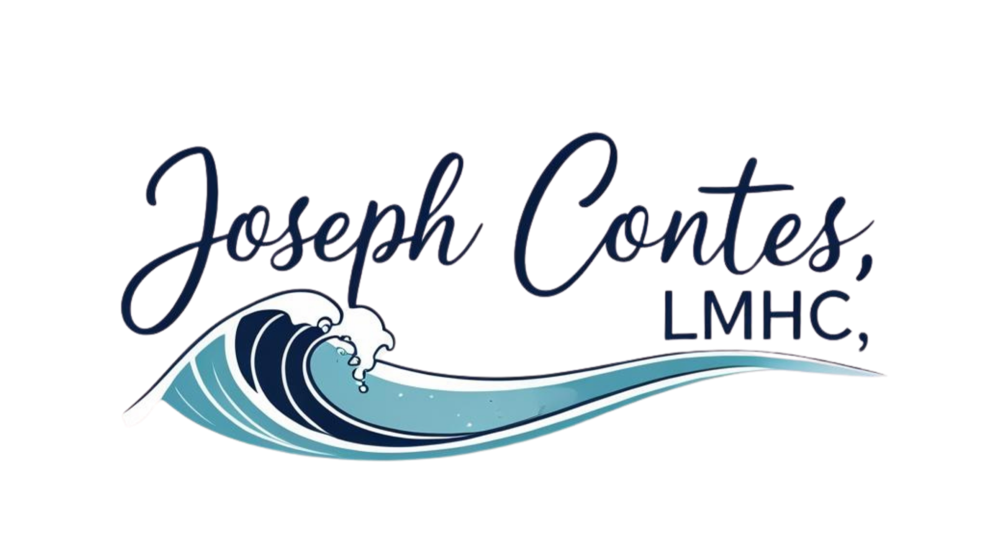 Text reading 'Joseph Cantes, L.M.H.C.' over a stylized wave with white foam crest.