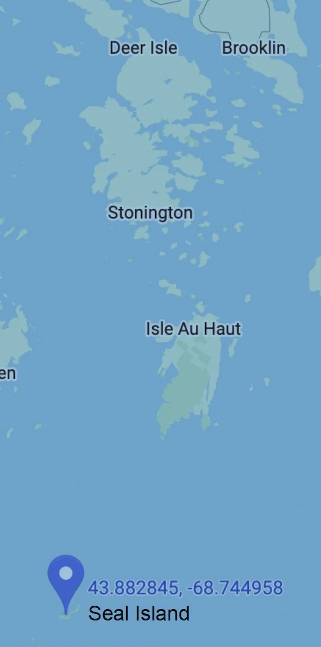 Map showing Seal Island and nearby islands including Deer Isle, Brooklin, Stonington, and Isle Au Haut in Maine, with geographic coordinates for Seal Island.