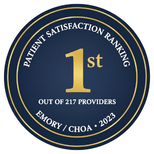 A circular badge indicating first place in patient satisfaction ranking among 217 providers, issued by EMORY / CHOA in 2023.