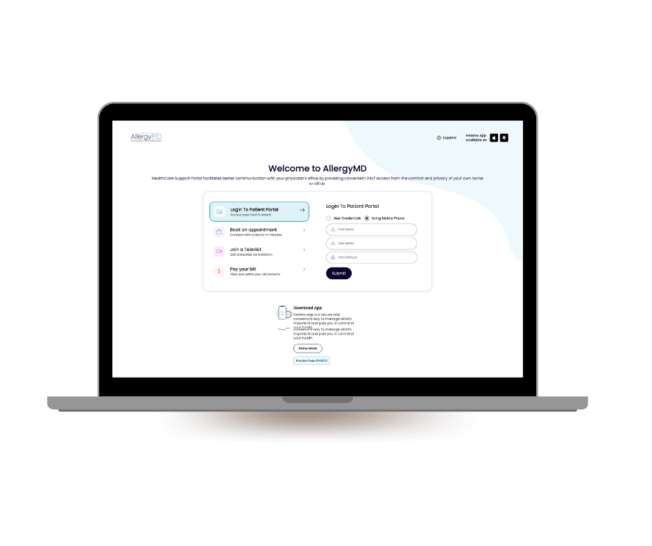 Laptop screen displaying the AllergyMD healthcare portal with options to log in, book an appointment, join a televisit, and pay bills.
