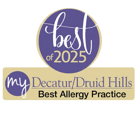 Logo with the text "Best of 2025" inside a purple circle, and a beige banner below that says "my Decatur/Druid Hills Best Allergy Practice".
