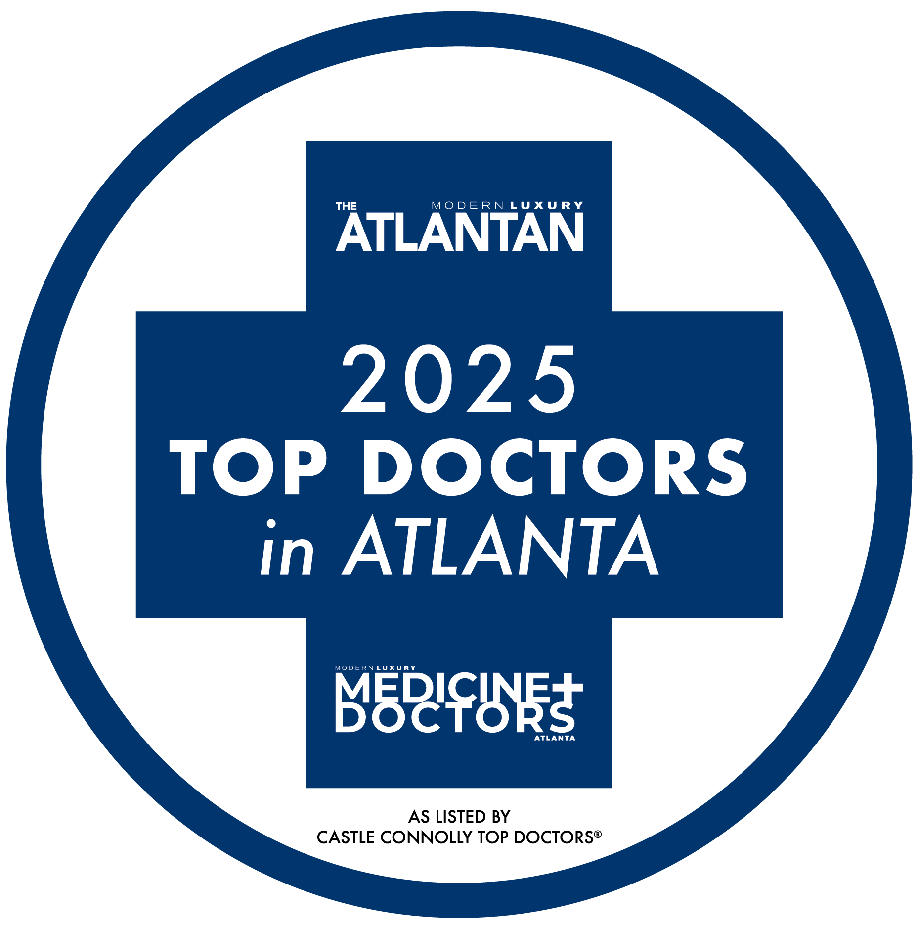 Blue circle logo with text reading "2025 Top Doctors in Atlanta" and "Modern Luxury Medicine+Doctors".