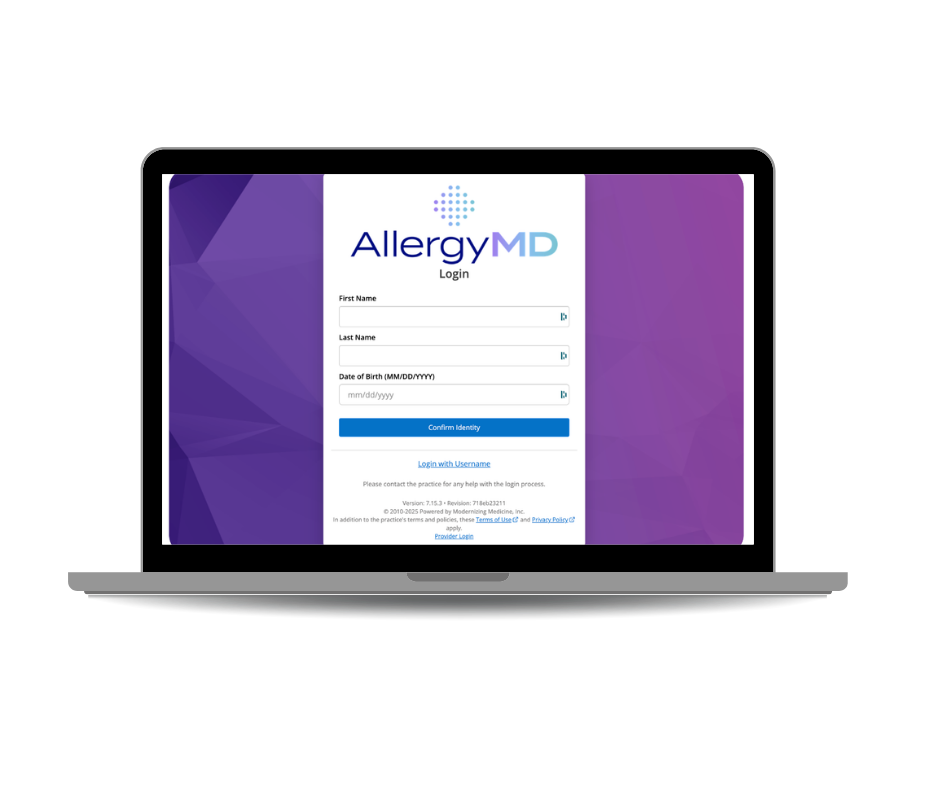 Laptop screen displaying the AllergyMD login page with fields for first name, last name, date of birth, and a confirm identity button.