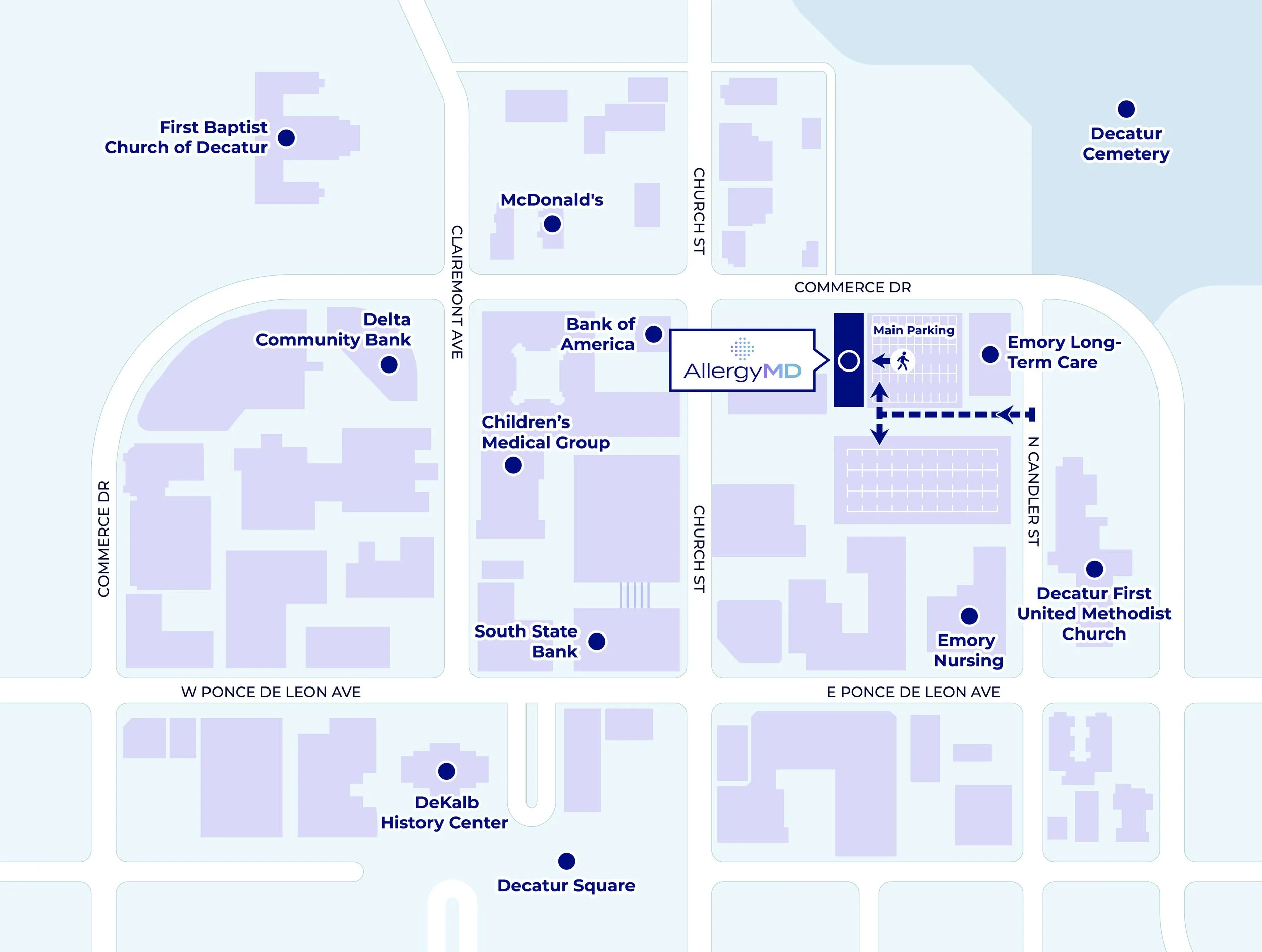 Map showing locations around Decatur including First Baptist Church of Decatur, McDonald's, Decatur Cemetery, Delta State Bank, Children's Medical Group, AllergyMD, Emory Long-Term Care, Decatur First United Methodist Church, DeKalb History Center, Decatur Square, South State Bank, and main roads.