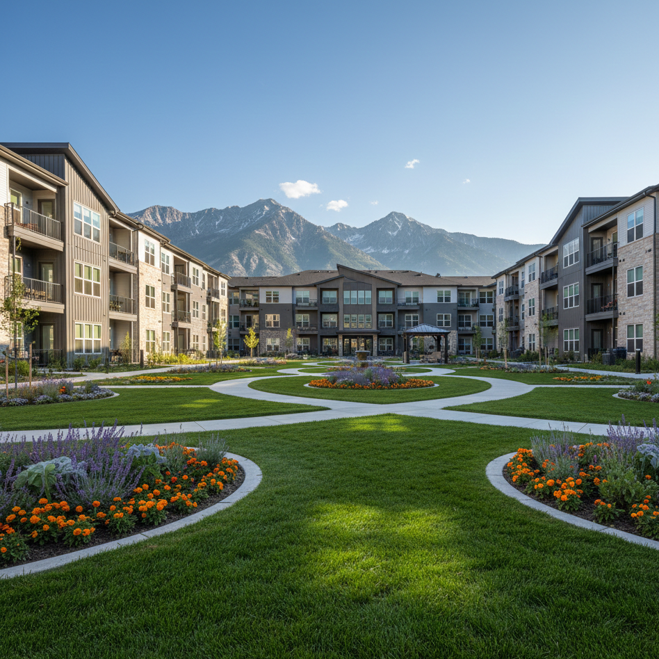 Modern apartments with green grass and beautiful plants.