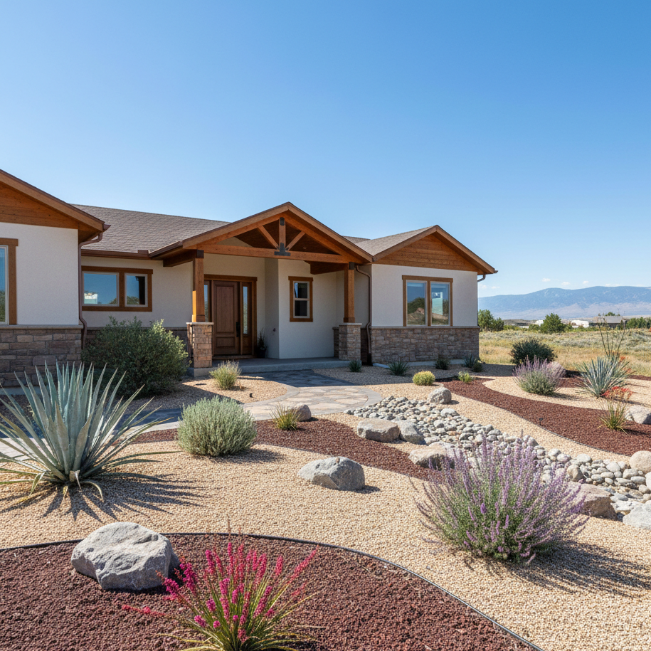 Beautiful landscaped lawn with rocks and waterwise fit.