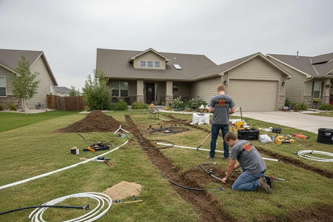 Schoonover Landscaping installing and repairing a sprinkling system with their specialists.