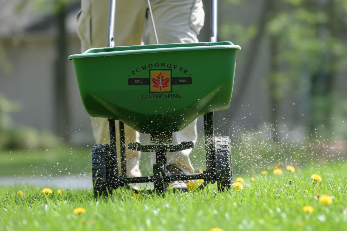 Schoonover landscaping fertilizing a lawn after aerating it.