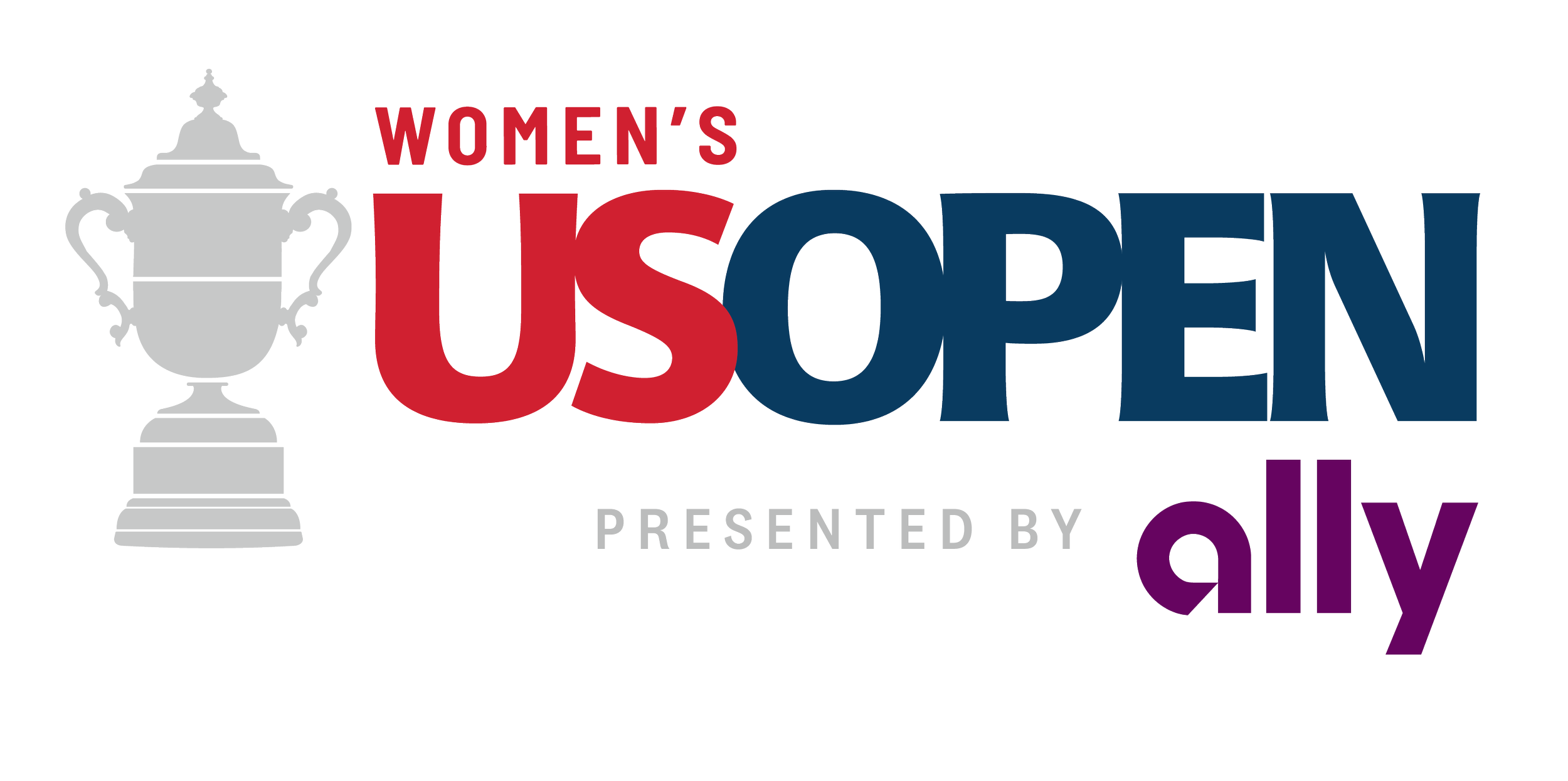 Logo for Women's U.S. Open presented by Play, featuring a trophy silhouette on the left and the event name in bold red, blue, and purple letters.