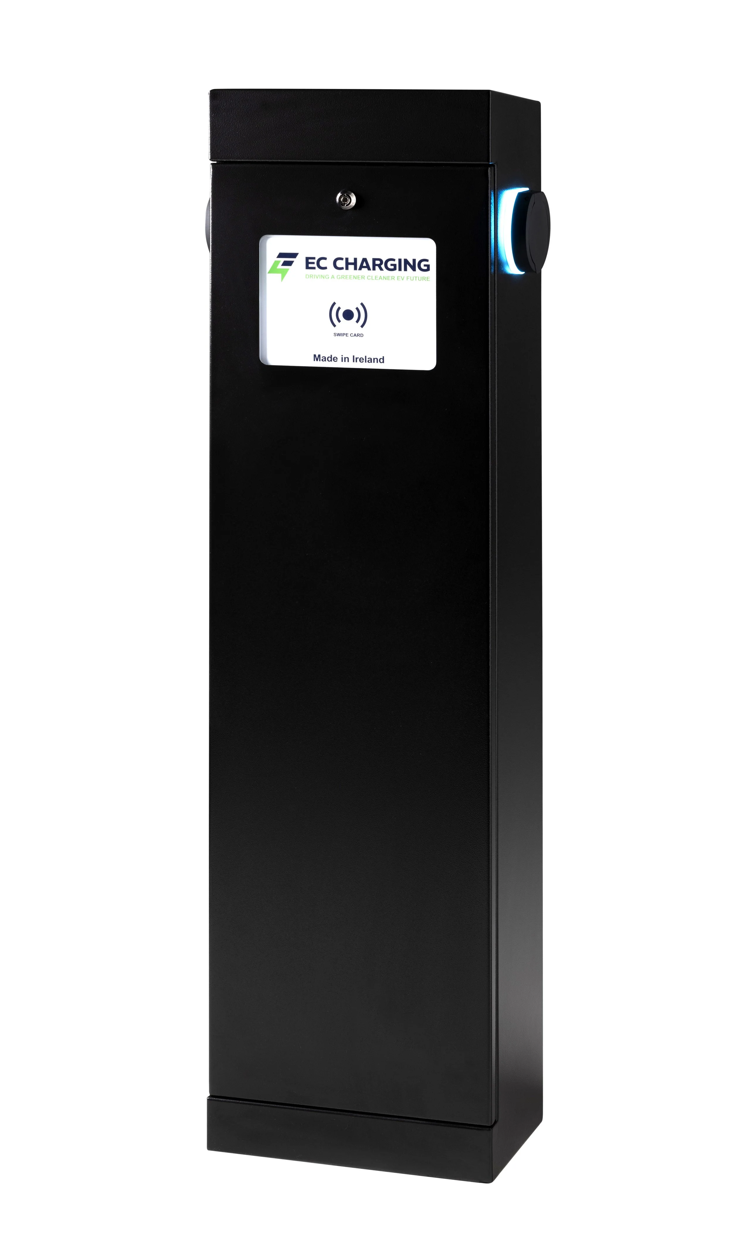 Black EV charging station with a digital display and a blue indicator light