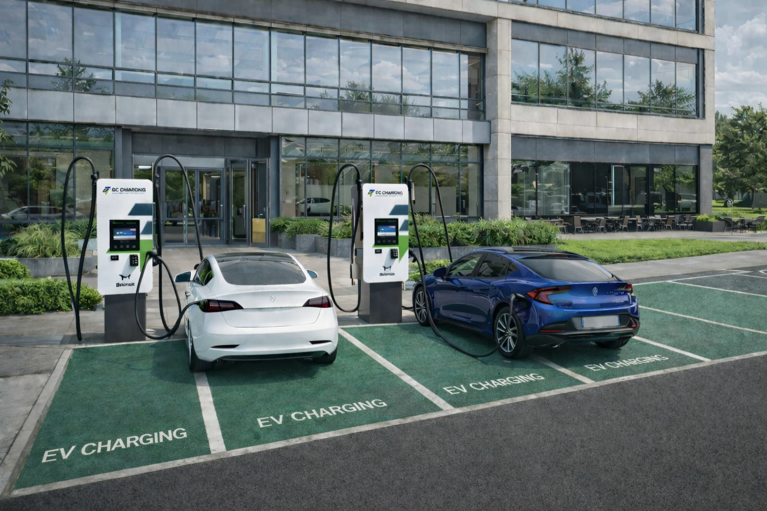 A modern gray wooden house with a black garage door, small potted trees, and a wooden deck surrounded by a gravel pathway and greenery.