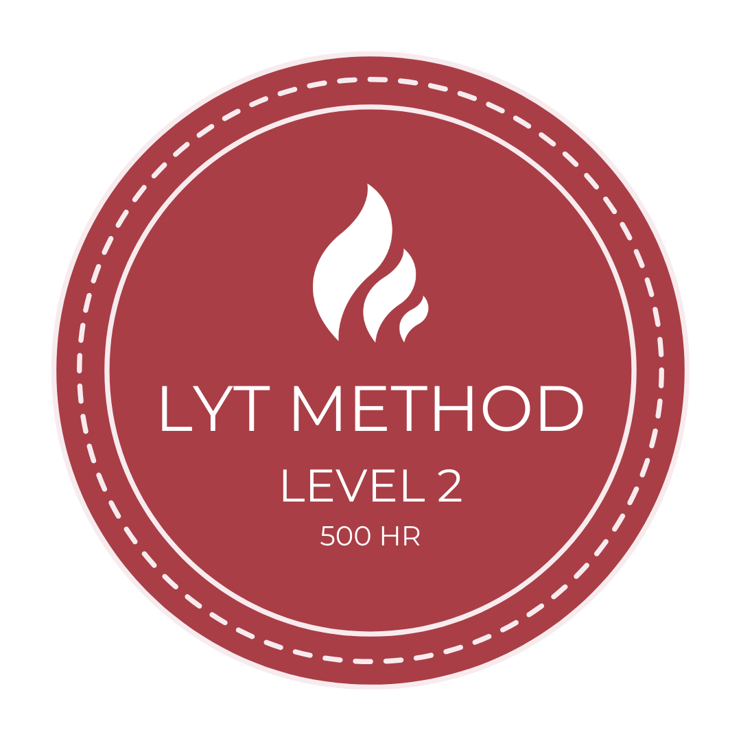 Circular badge with a flame icon at the top, text that reads 'LYT METHOD,' 'LEVEL 2,' and '500 HR' on a burgundy background with white border and lettering.