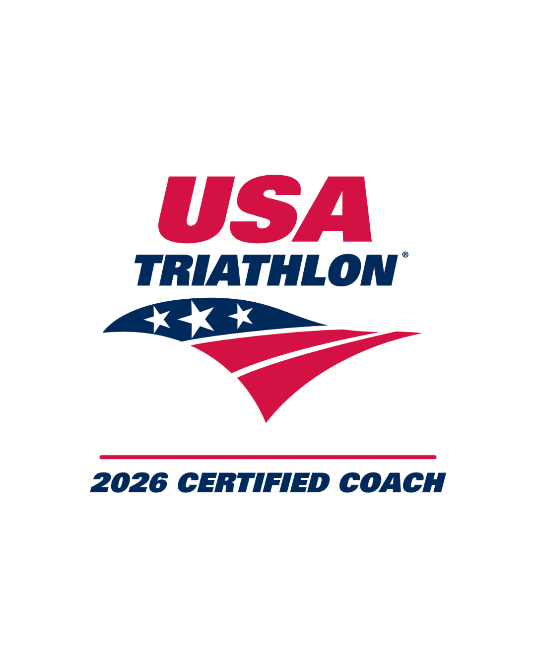 USA Triathlon logo with stars and stripes, indicating 2026 certified coach.