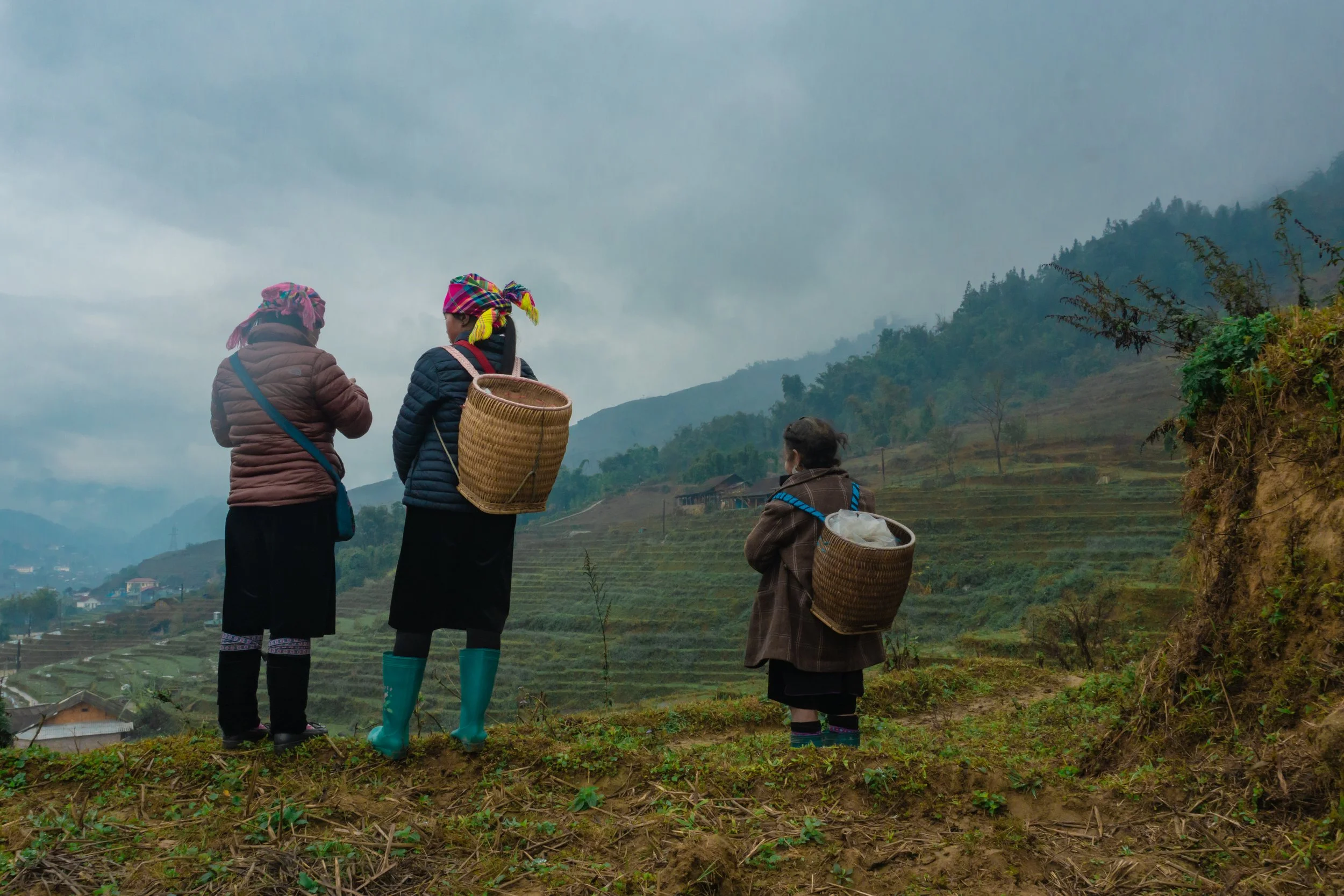 Three women in traditional Hmong clothing and colorful headscarves with baskets on their backs standing on a hillside overlooking terraced fields and mountains in a rural landscape under a cloudy sky.