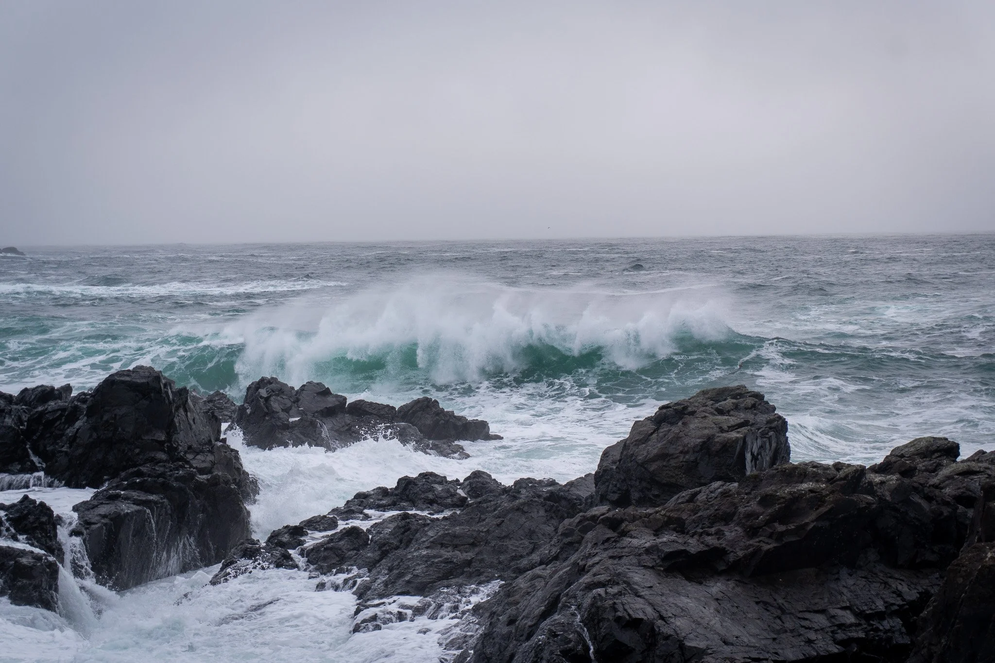 Ocean waves crashing against black rocky shoreline under cloudy sky.