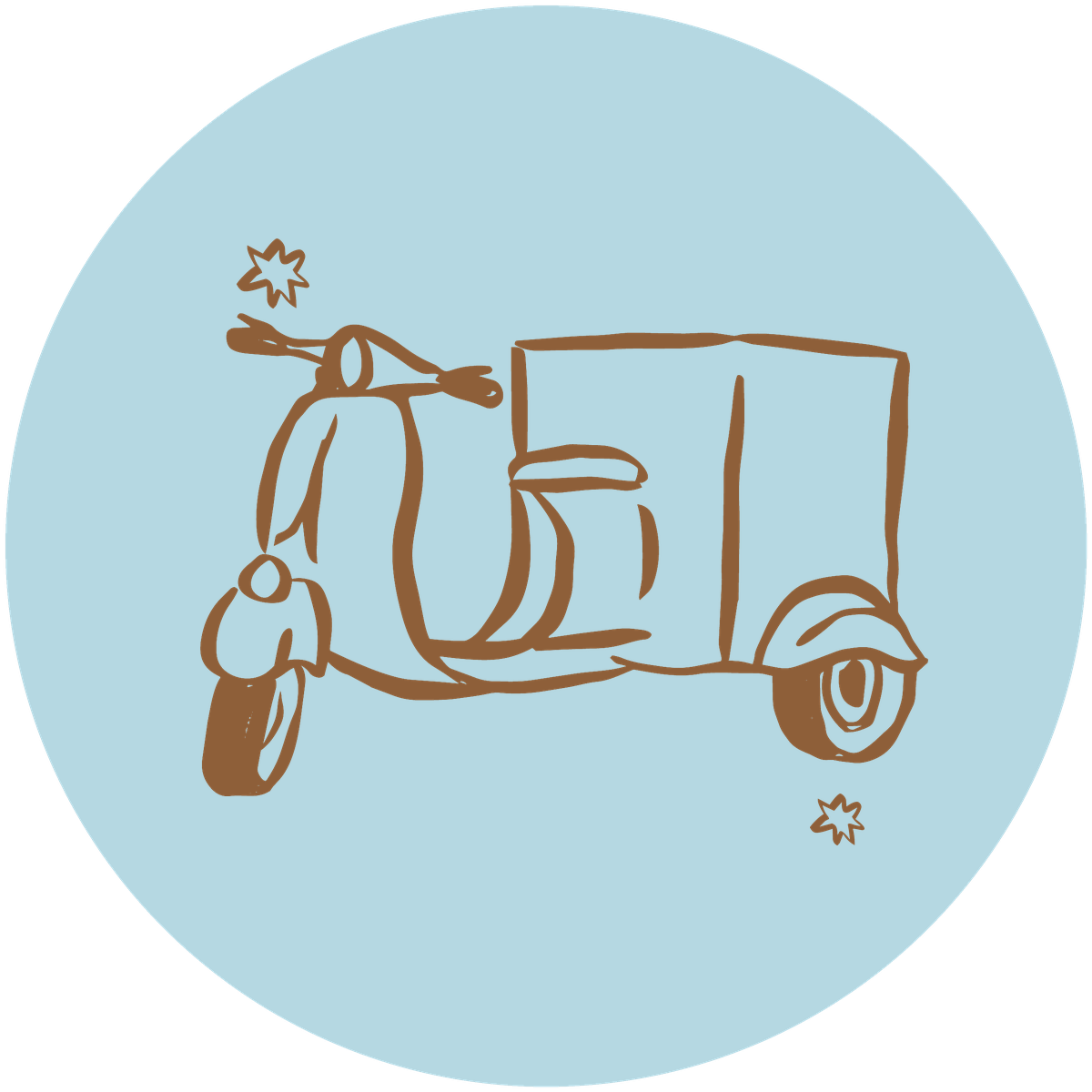 Minimalist drawing of a scooter with a box on the back, a small plant on the front, and a star-shaped decoration on the handlebar, all sketched in dark brown on a blue circular background.