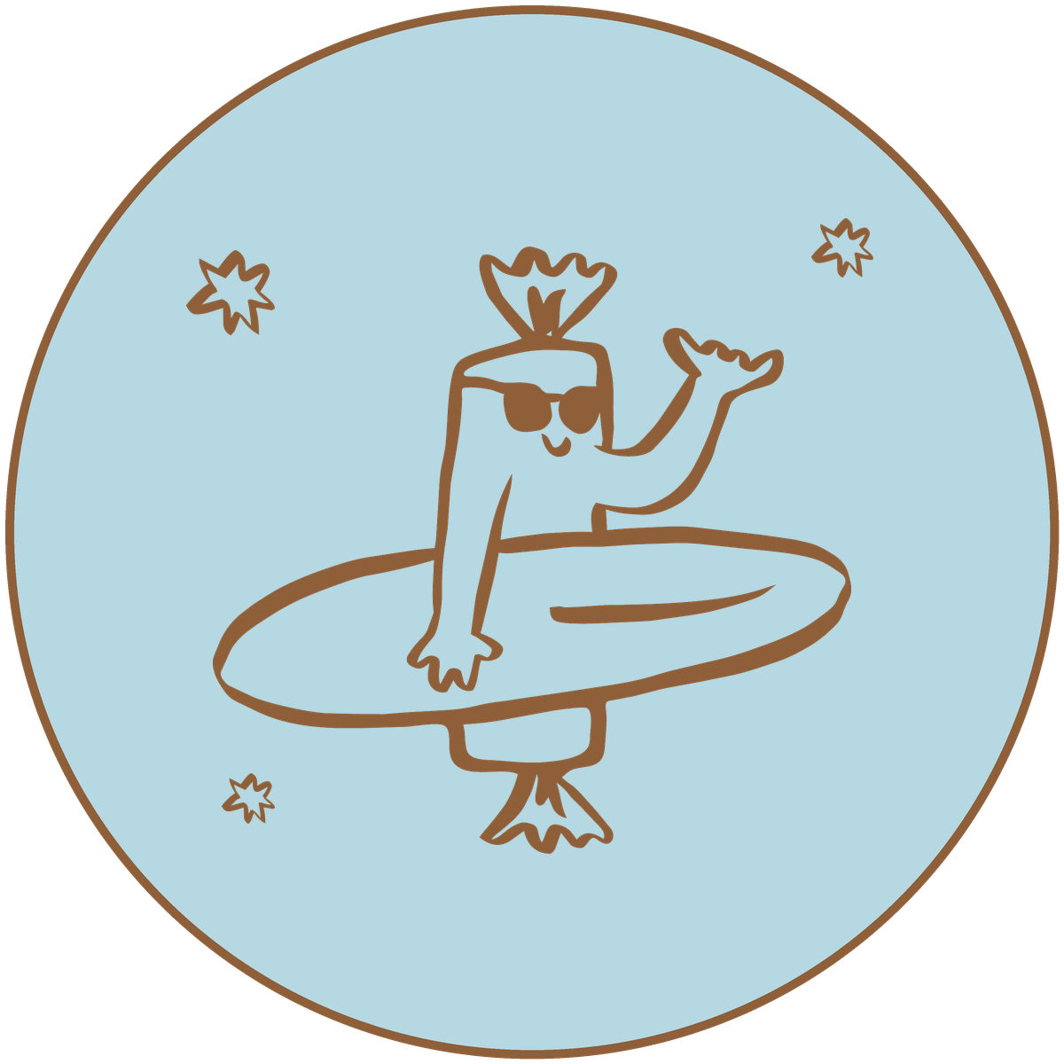 Cartoon illustration of a pineapple wearing sunglasses, sitting on a surfboard and waving, with small stars around it, against a light blue background.