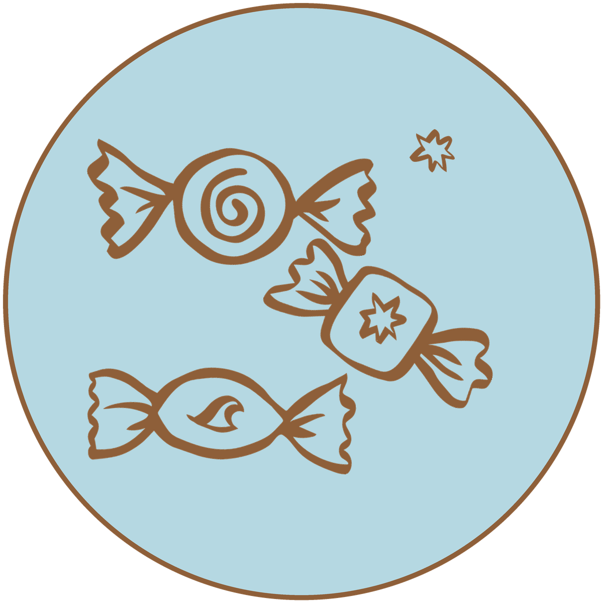 Illustration of three pieces of candy, one with swirl and star on wrapper, one with leaf design, and one with a simple star, all on a circular light blue background.