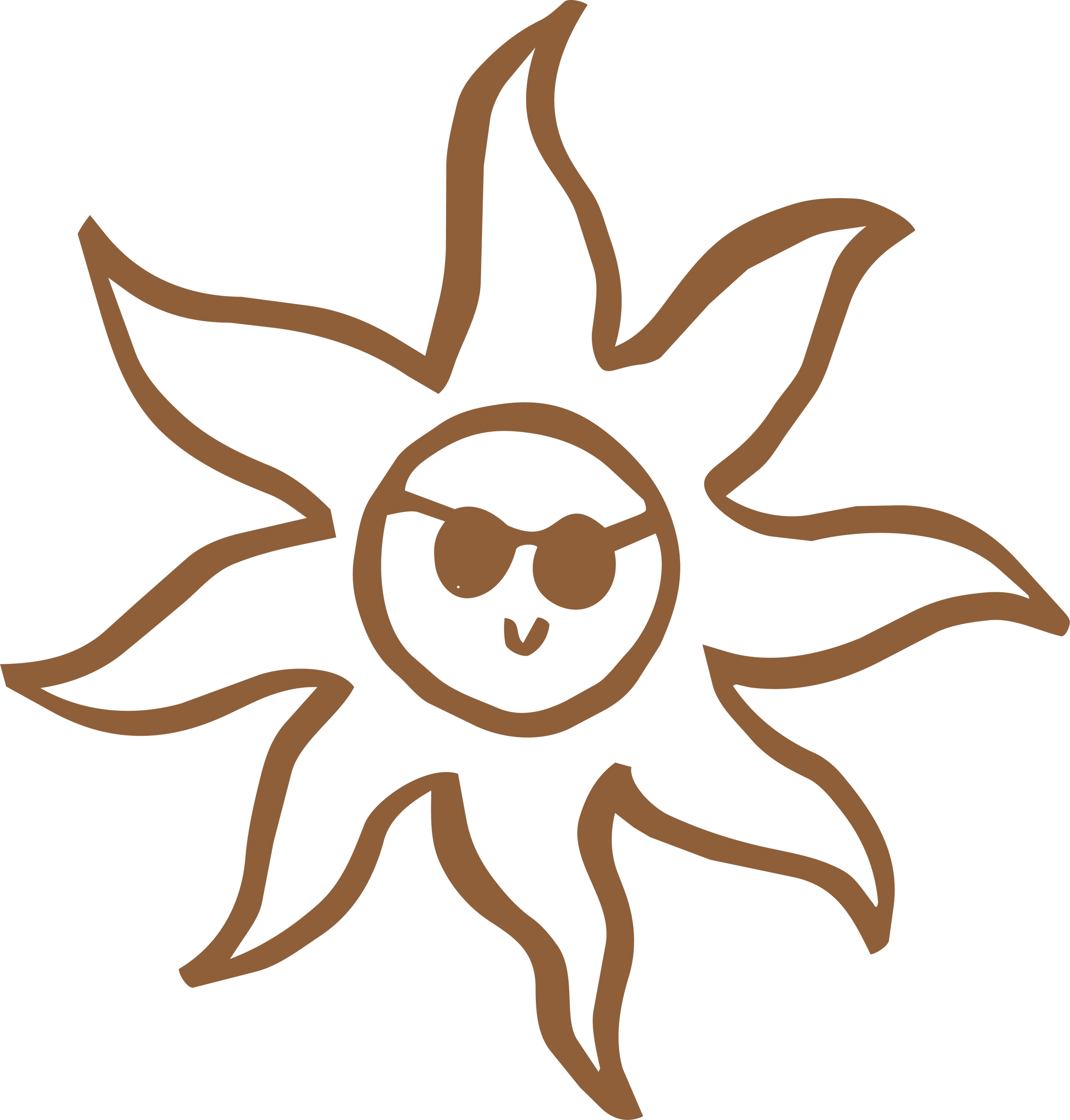 A stylized outline of a skull with floral accents in brown on a black background.