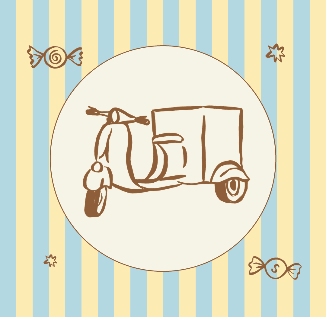 Sketch of a scooter with a box on the back, drawn in brown lines on a white background with a pastel striped background and candy and star illustrations.